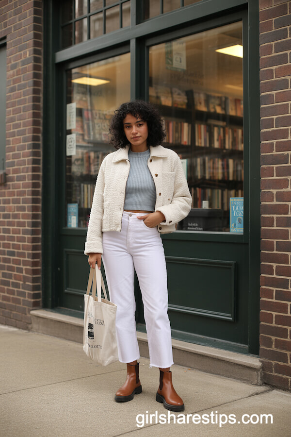 Cream Boucl&eacute; Jacket with Cropped Jeans