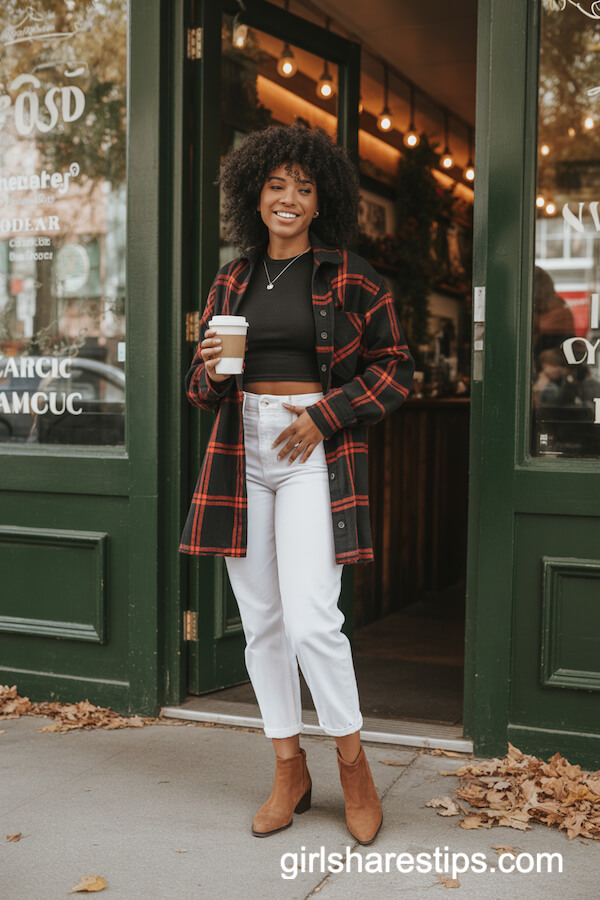 Red Plaid Overshirt and White High-Waisted Jeans