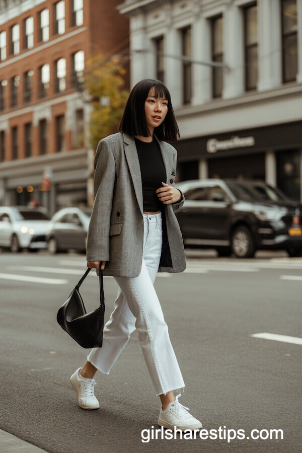 Gray Plaid Blazer with Straight White Jeans