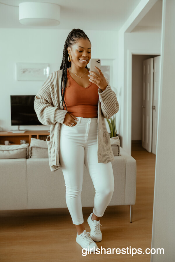 Chunky Beige Cardigan White Skinny Jeans