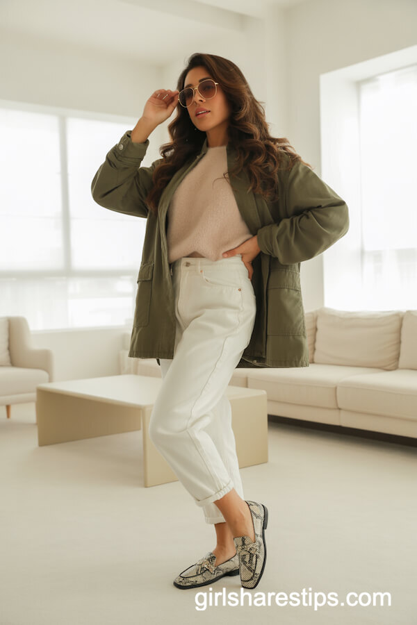 Olive Utility Jacket with Mom Jeans