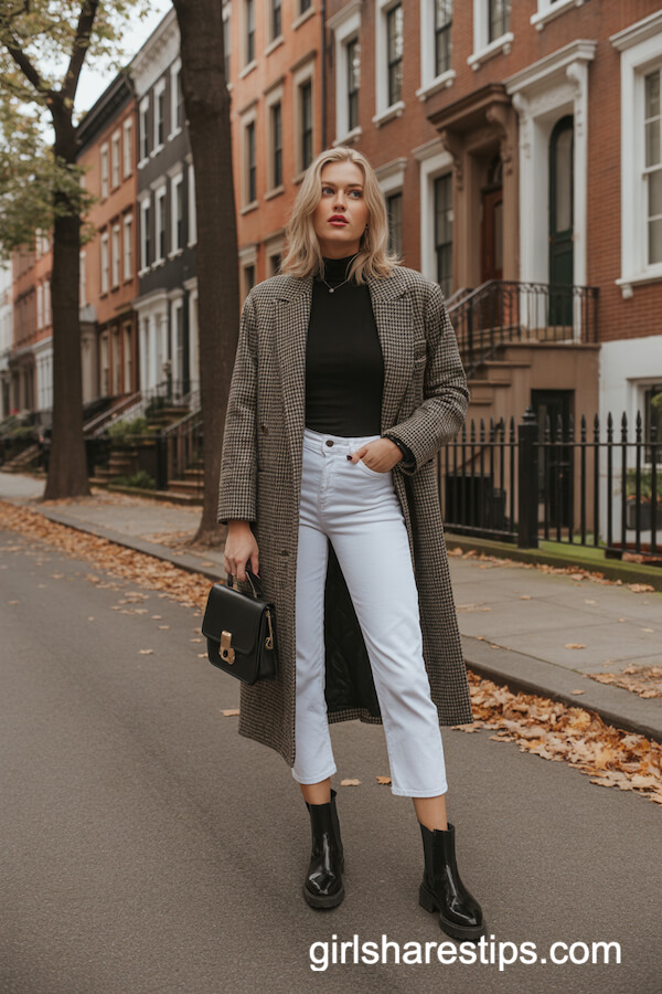 Houndstooth Coat over Cropped White Jeans