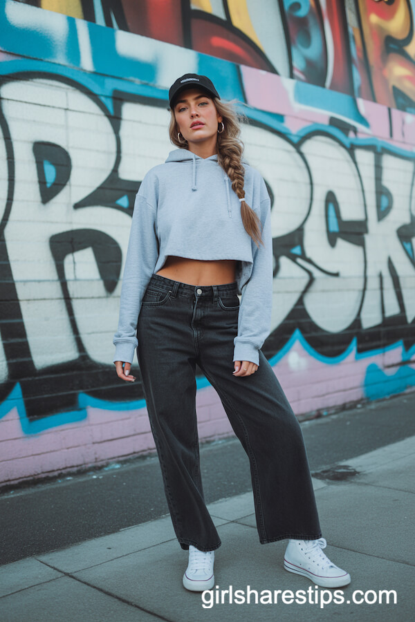 Cropped Gray Hoodie with Dark Wide Legs