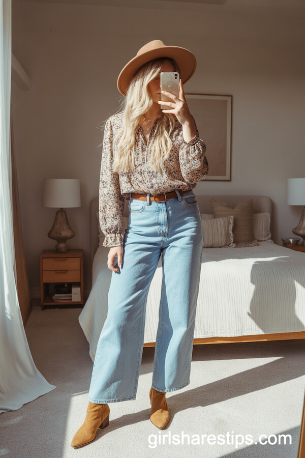 Floral Boho Blouse with Wide Legs and Wool Hat