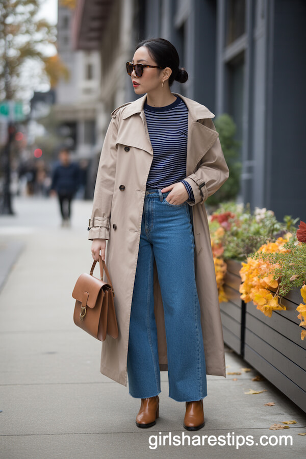 Classic Trench with Striped Tee and Wide Legs