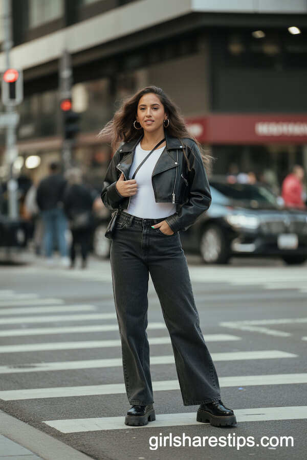 Cropped Moto Jacket with Washed Black Wide Legs