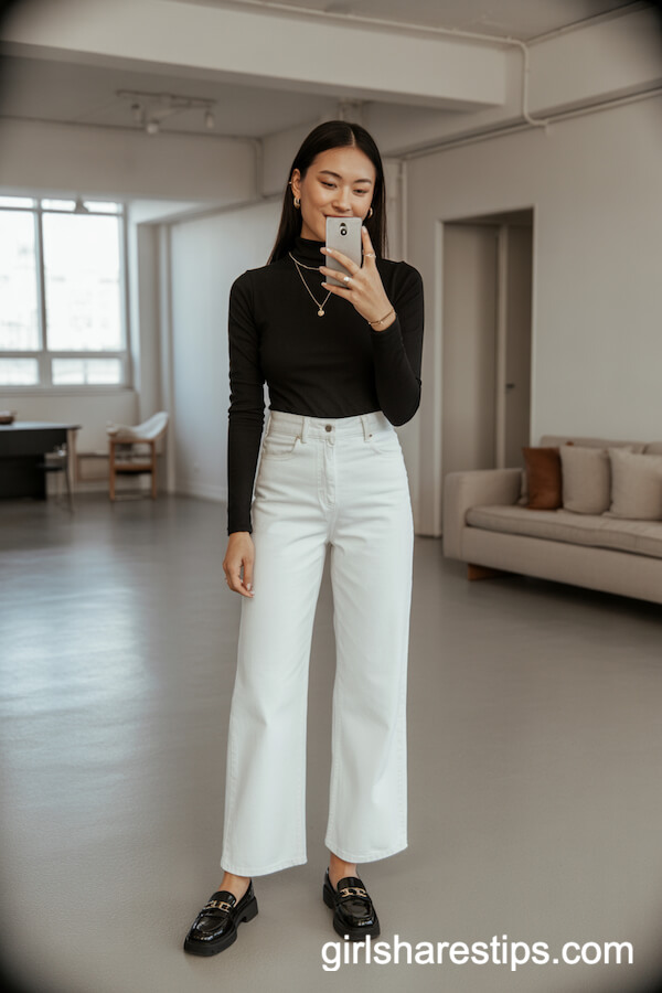 White Wide Legs with Black Turtleneck