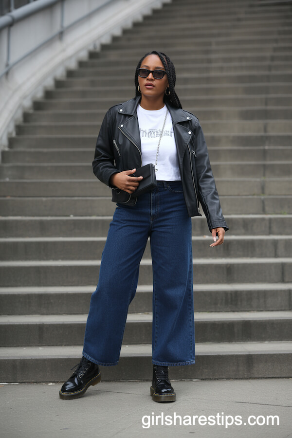 Graphic Tee and Leather Moto with Dark Indigo Wide Legs