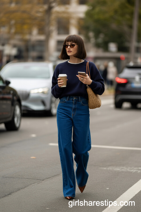 Navy Sweater Tucked into Dark Blue Wide Legs