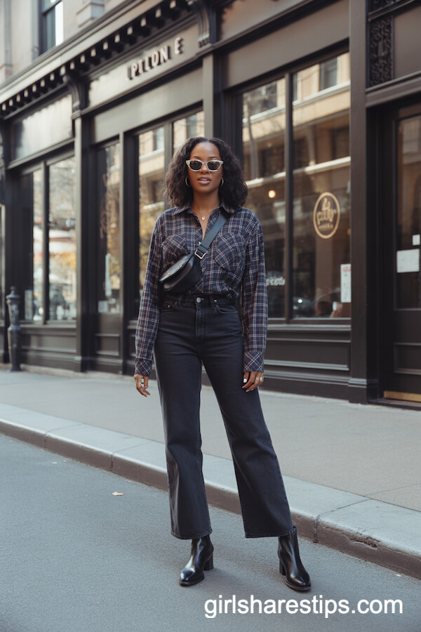 Plaid Button-Up with Dark Wash Wide Legs