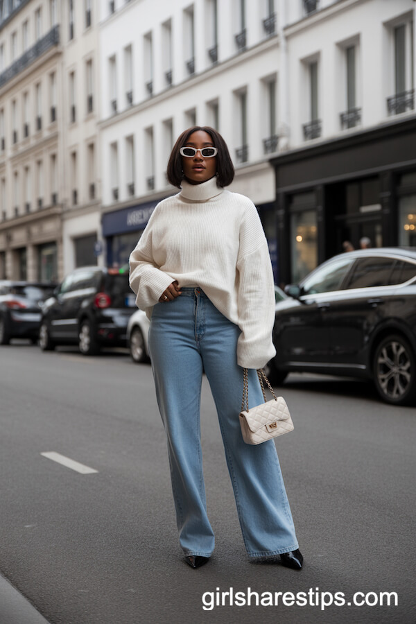 Oversized White Turtleneck with Light Blue Wide Legs