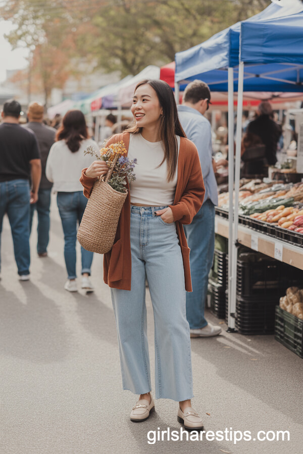 Rust Cardigan and Light Wash Wide Legs