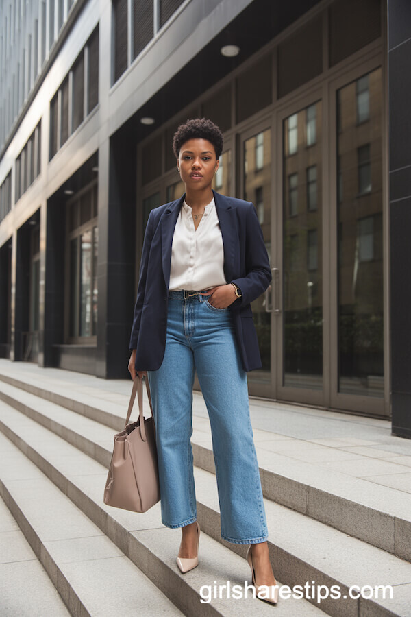Navy Blazer and Mid-Wash Wide Legs