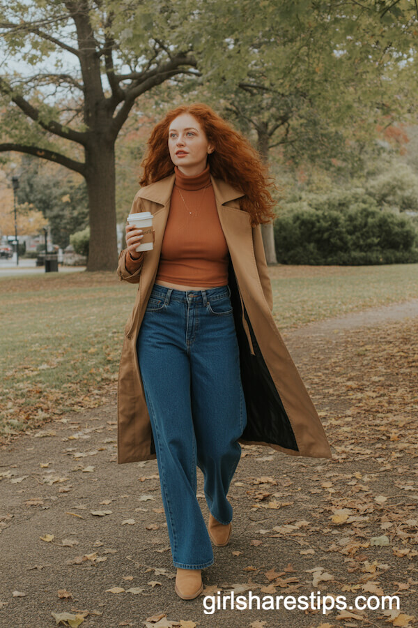 Burnt Orange Turtleneck with Camel Trench