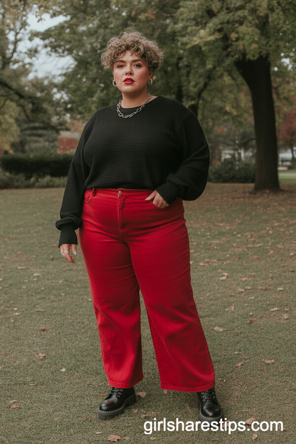 Red Wide Legs with Black Sweater and Combat Boots