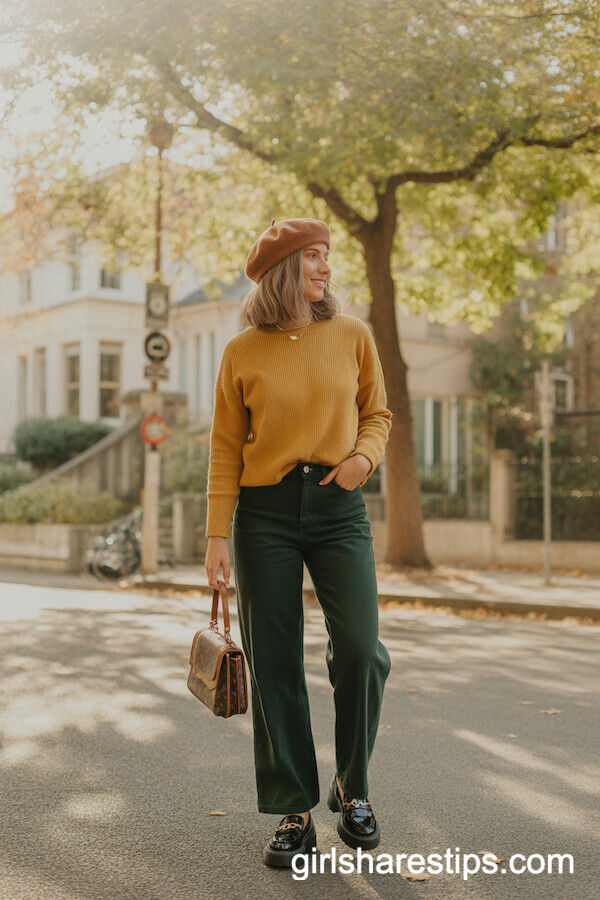Mustard Yellow Sweater with Dark Green Wide Legs