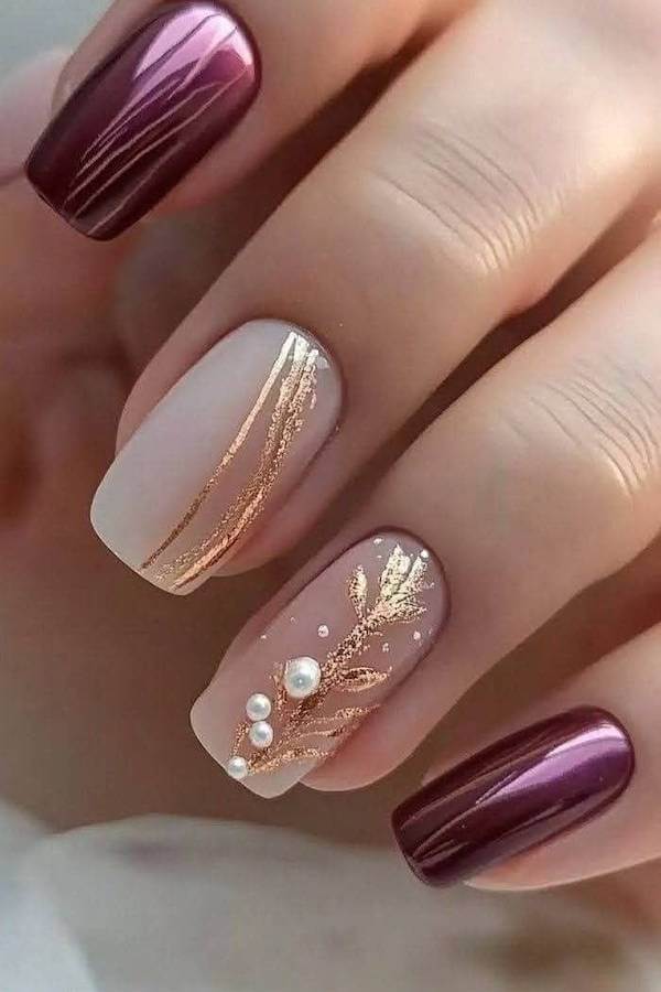 Burgundy and Gold Foil Accent Nails