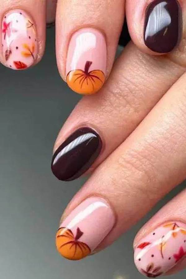Pumpkin and Fall Leaves Nail Art