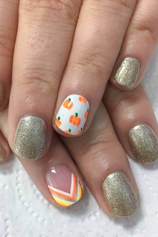 Pumpkin and Gold Glitter Nails
