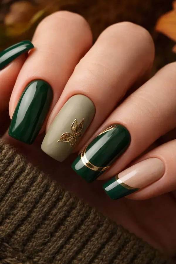 Olive Green and Gold Leaf Nails