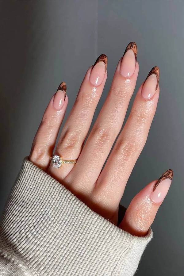 Brown Marble French Tip Nails
