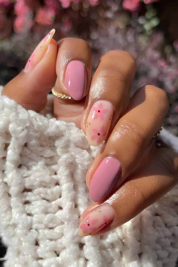 Pink and Floral Nude Nails