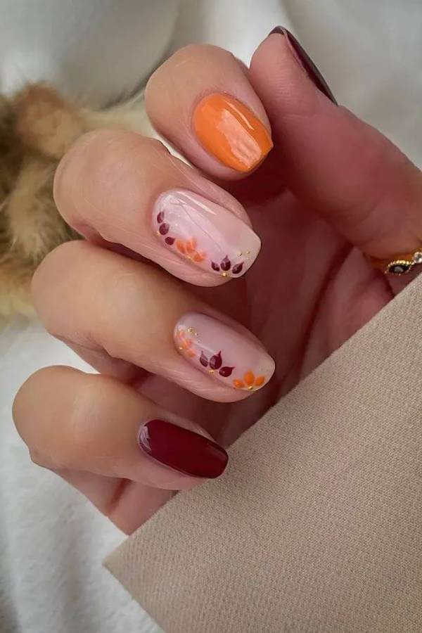 Fall Leaves and Burgundy Nails