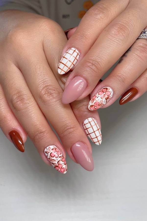 Plaid and Floral Fall Nails