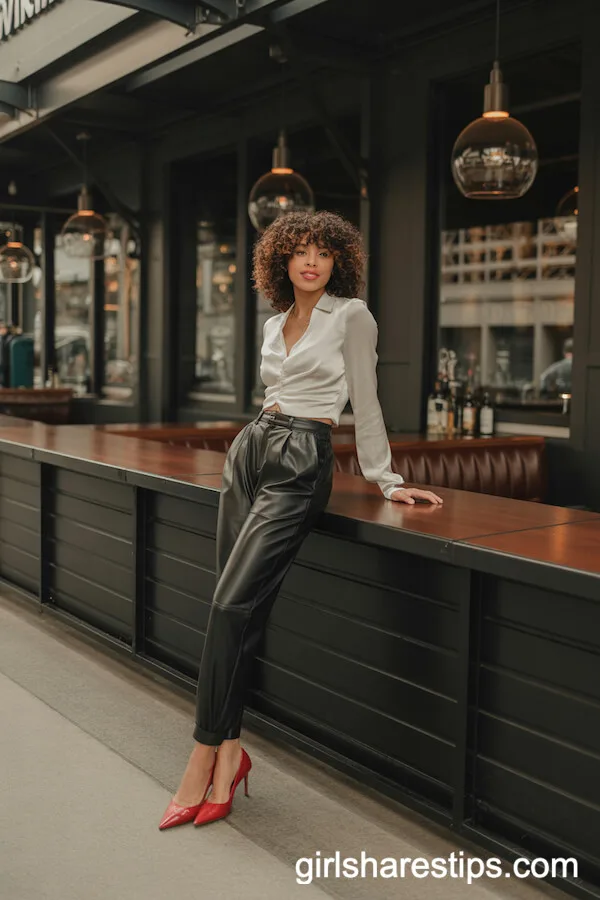 Black Leather Pants and Fitted Blouse Ensemble