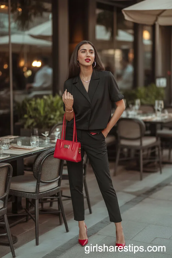 All-Black Tailored Outfit with Red Accessories