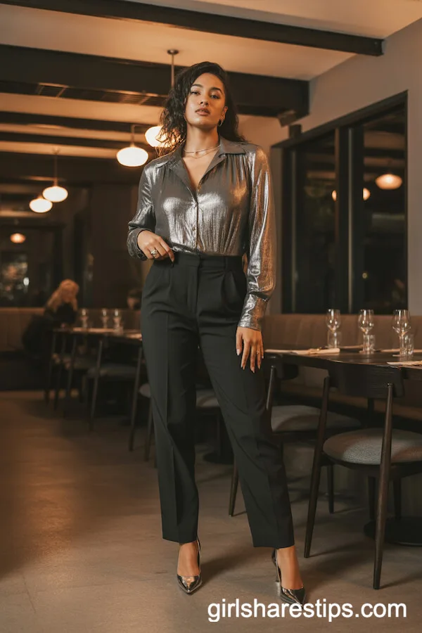 Shiny Silver Blouse and Tailored Trousers