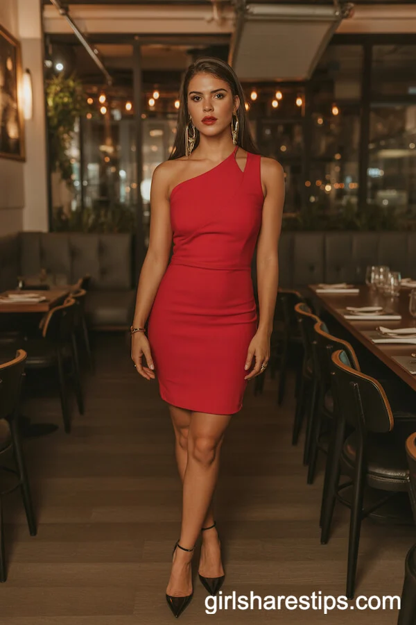 Red Bodycon Dress with Asymmetric Neckline