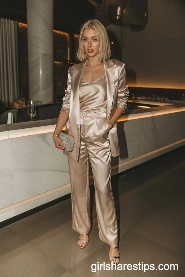 Champagne Satin Pantsuit with Metallic Touches