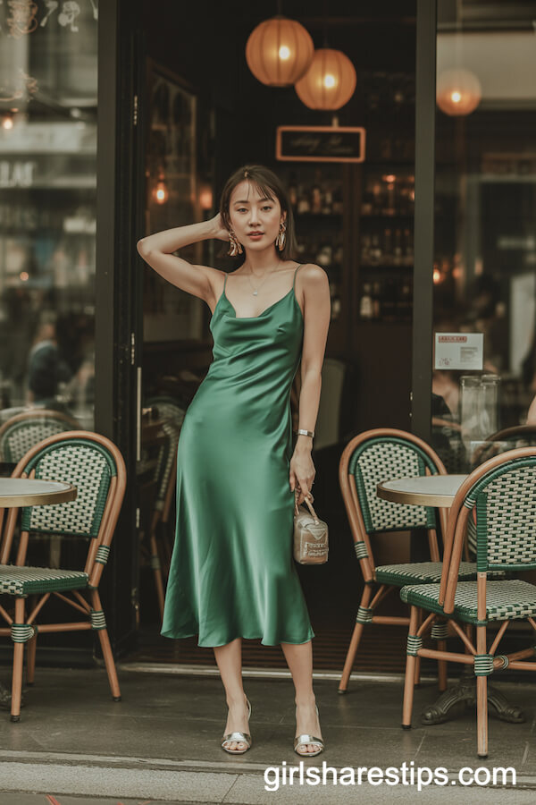 Emerald Green Satin Slip Dress Look