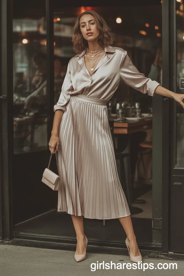 Pleated Midi Skirt with Satin Blouse Combo