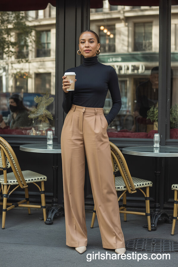 Camel-Colored Trousers with Black Turtleneck