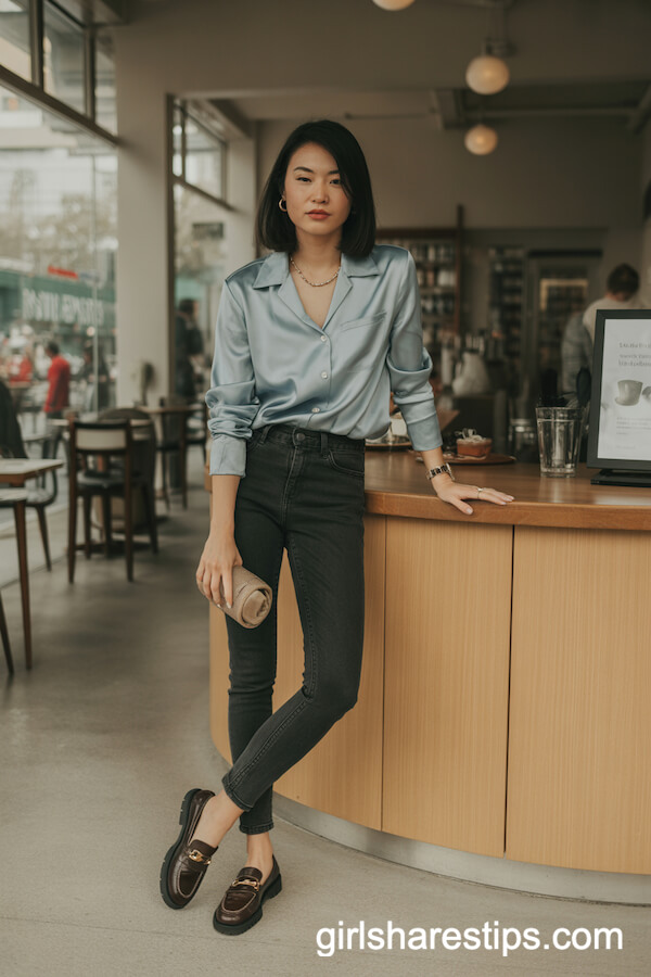 Powder Blue Silk Blouse with Skinny Jeans