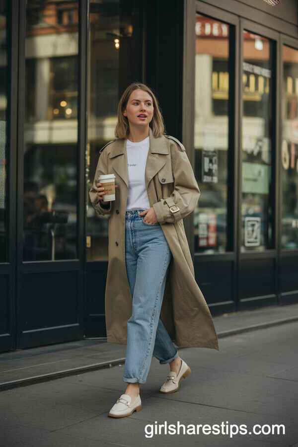 Beige Trench Coat with Blue Jeans and Loafers