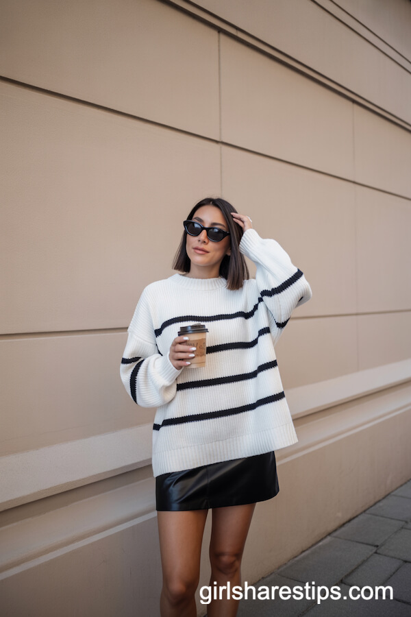 Oversized Striped Sweater with Black Mini Skirt
