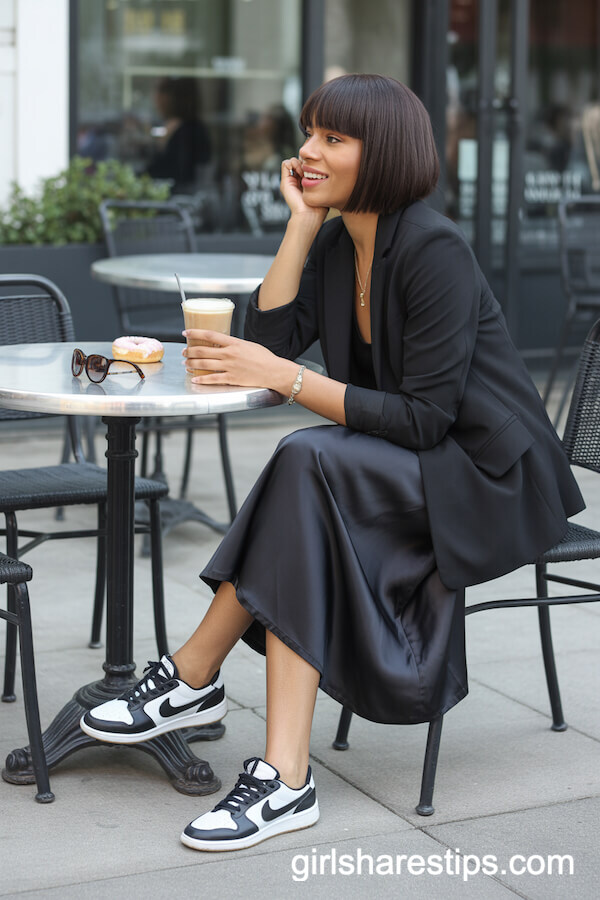 Black Blazer with Silky Midi Skirt and Sneakers