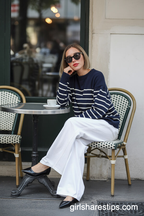 Navy Blue Striped Sweater with Wide-Leg Pants