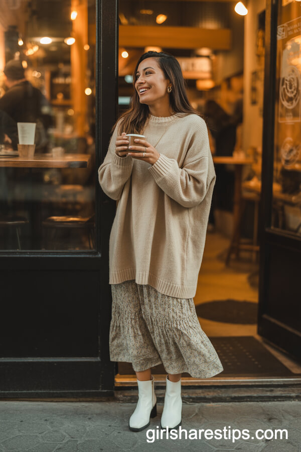 Oversized Knit Sweater with Flowy Midi Skirt and Ankle Boots
