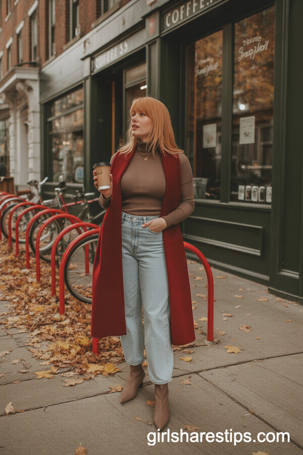 Brown Turtleneck with Light-Wash Jeans