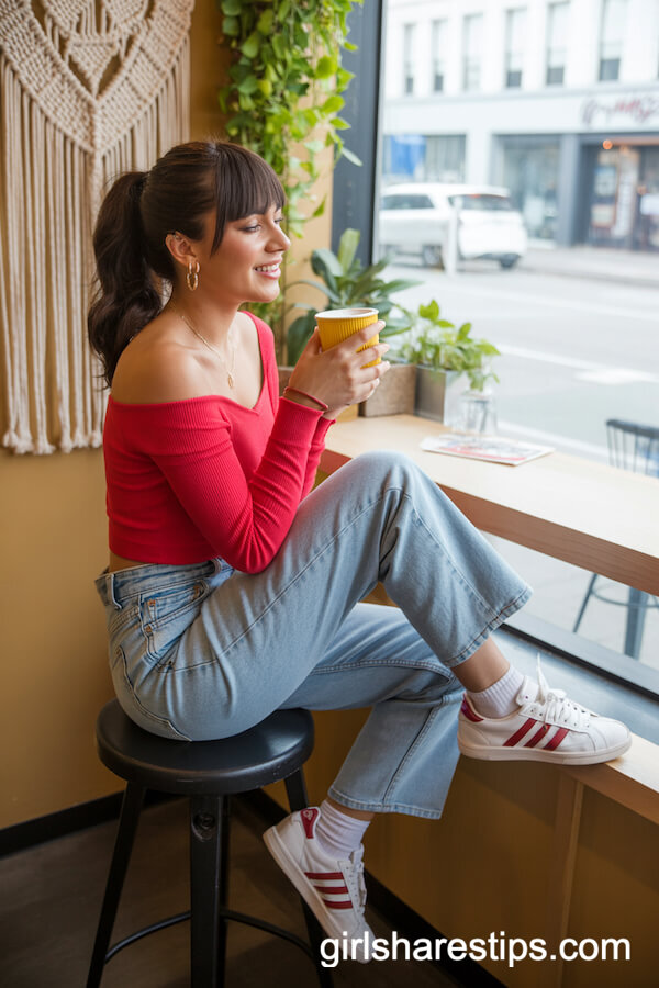 Red Off-Shoulder Sweater with Blue Jeans