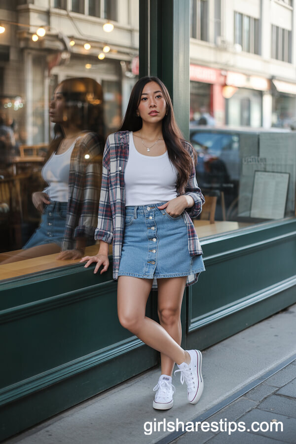 Denim Mini Skirt with Plaid Shirt and White Sneakers