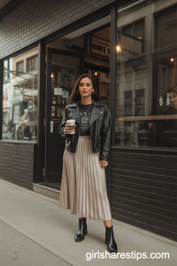 Black Leather Jacket with Soft Beige Midi Skirt