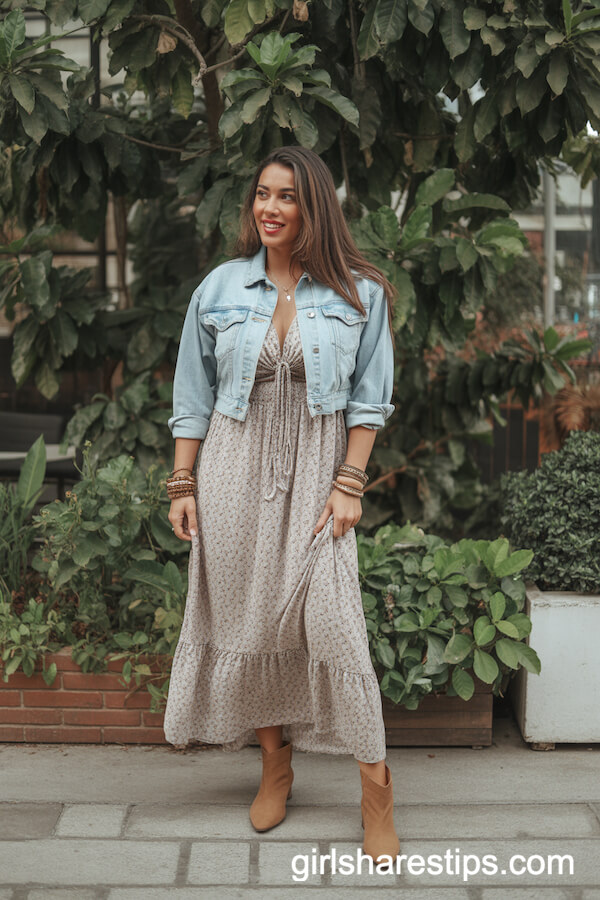 Boho Print Maxi Dress with Cropped Denim Jacket