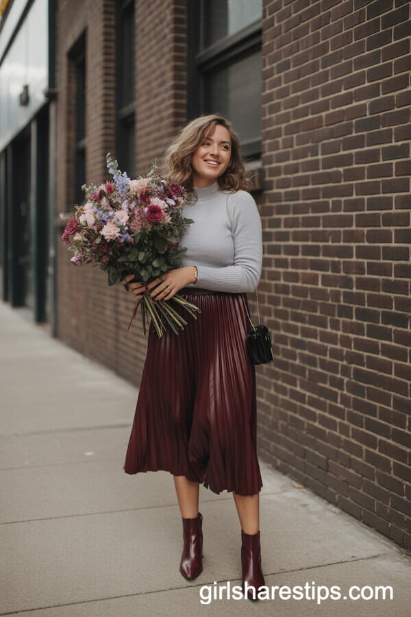 Gray Sweater with Wine-Red Pleated Midi Skirt
