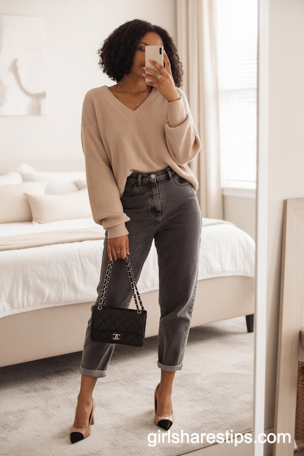 Slouchy Beige Sweater with Mom Jeans and Cap-Toe Heels