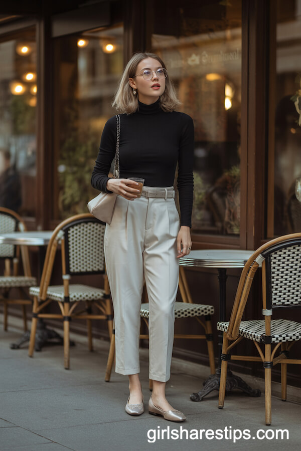 Black Turtleneck with Cream Tailored Trousers